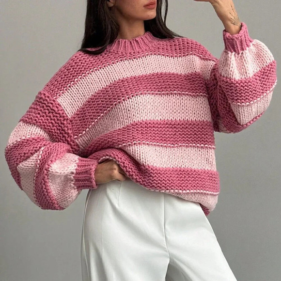 Pink Casual Women's Chunky Knit Contrast Color Lovely Crew Neck Warm Sweater - Picture 1 of 7